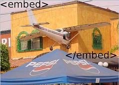 A plane embedded in a building
